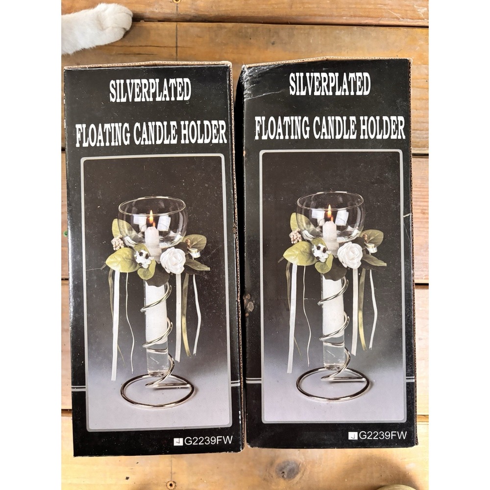 Silver Plated Floating Candle Holders Set of 2 White Glass Flowers